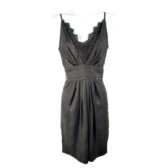 Kenar Silk Spaghetti Strap Dress Women's Sz 6 Black Eyelash Lace V Neck Pleated - Picture 4 of 16